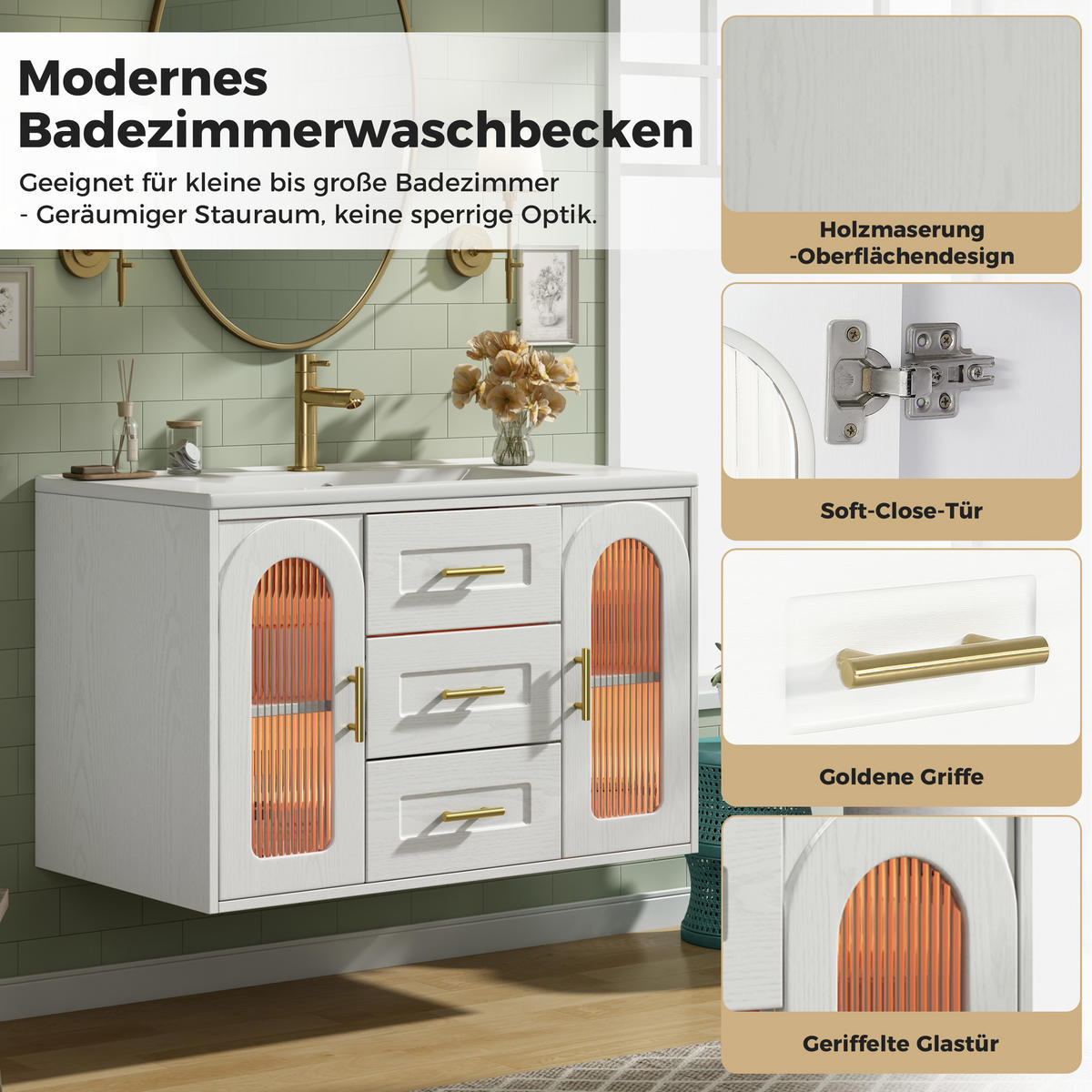 BADEZIMMERSCHRANK Wandmontiert Waschbecken LED Glasfront 76cm - Weiß, Glas (76/55/46cm) - FLIEKS