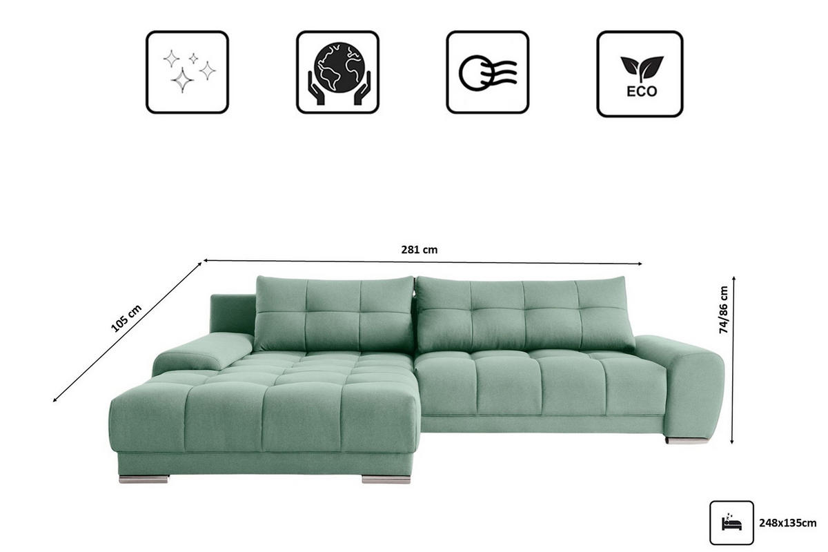 ECKSOFA WAVE Mit Schlaffunktion, Stoff SORO, Mintz Links - Mintgrün, Holz (105/281cm) - Kaiser Möbel