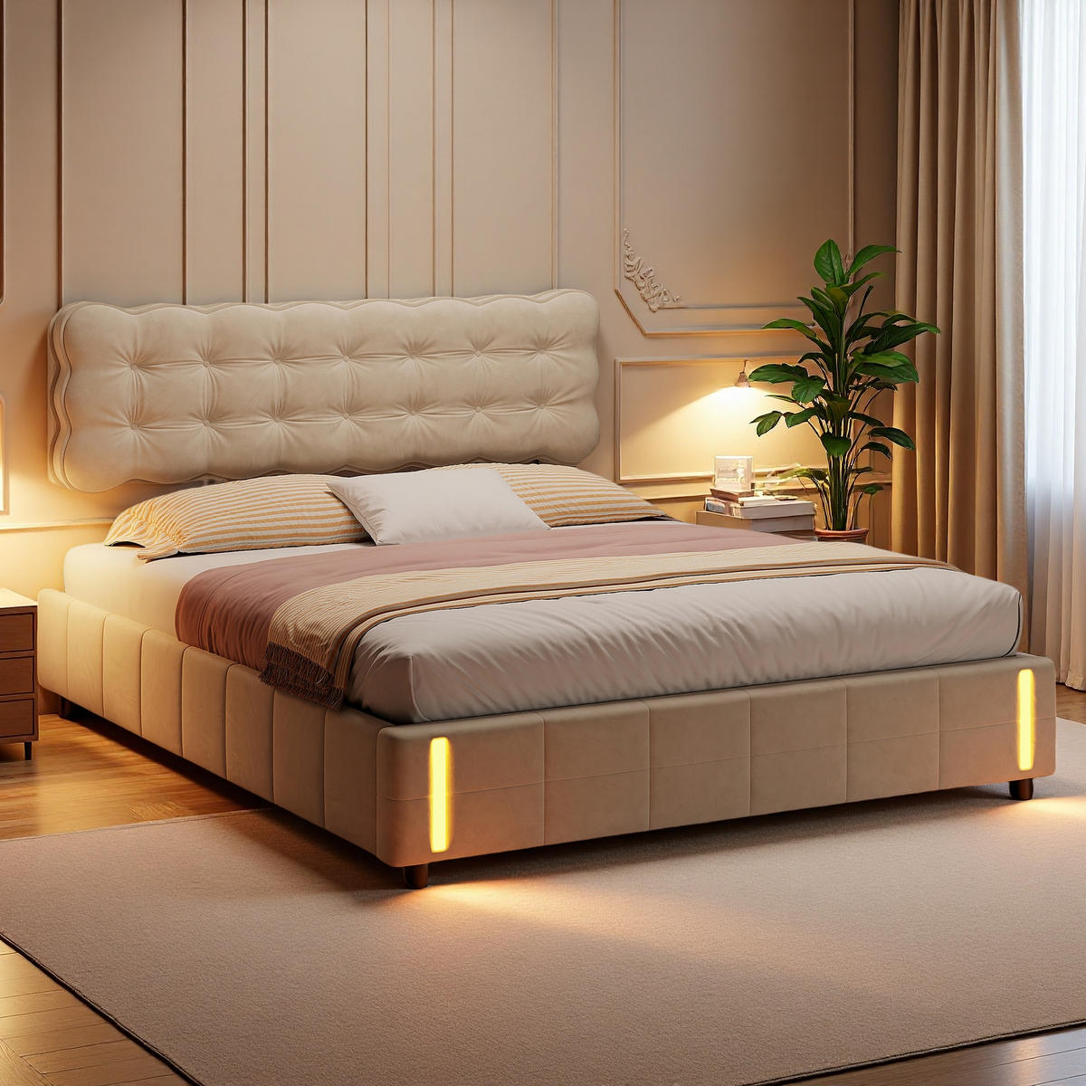 POLSTERBETT 140x200 cm LED Stauraum Hydraulik Lattenrost Samt beige - Beige, Holz (140/200cm) - LEBENLANG