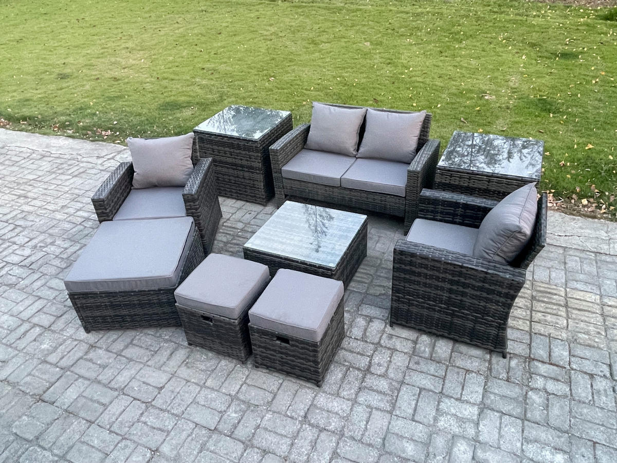 GARTENMÖBEL-SET COUCHTISCH STUHL 2-SITZER SOFA 3 HOCKER 2 BEISTELLTISCHE Polyrattan Dunkelgrau Gemischt 7-Sitzer - Dunkelgrau, Metall - Fimous