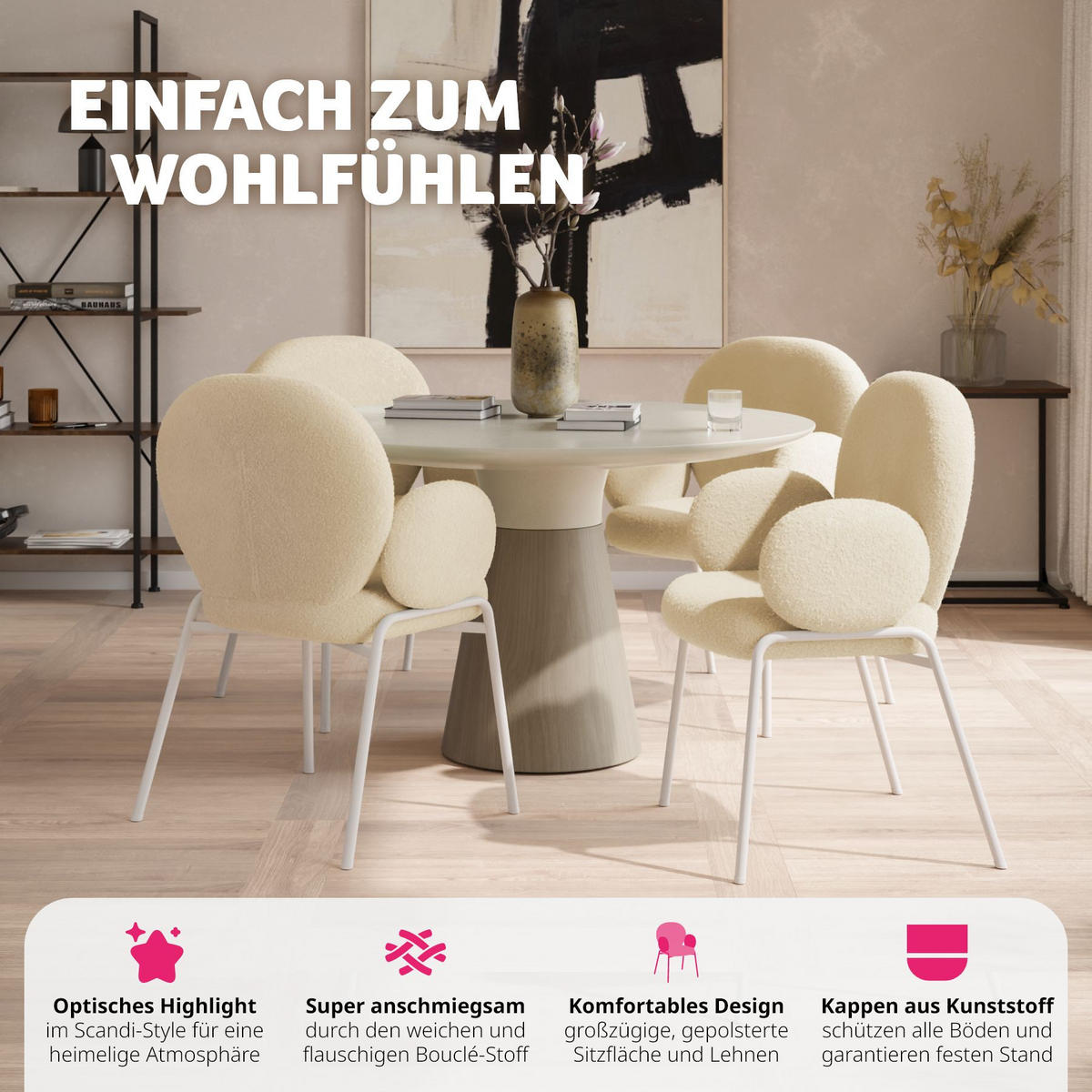 STUHL 4er Set Scandi Belastbarkeit 120 kg 61 5 x 62 x 90 - Creme, Kunststoff (62/90/61.5cm) - tectake