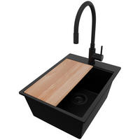 GRANITSPÜLE Oslo, 2-er set Alles Schwarz 38/50 cm 1 Becken + Küchenarmatur 40/38 cm + Ablauf-Set + Schneidebrett ab 40er Unterschrank - Beige/Schwarz, Kunststoff (38/20/50cm) - Primagran