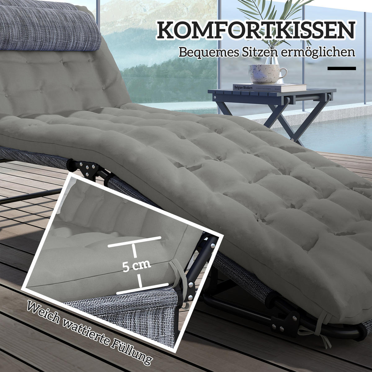 CAMPINGLIEGE, Klappbett mit Kopfkissen, verstellbarem Rückenlehne, Stahl, Grau - Grau, Metall (189/33/68cm) - Outsunny