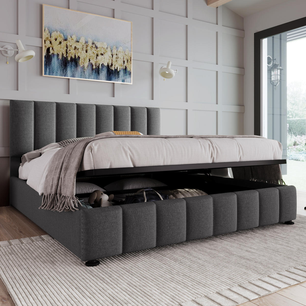 POLSTERBETT 140/200 cm mit Bettkasten, verstellbarem Kopfteil und Lattenrost - Grau, Textil (140/200cm) - BEAOK
