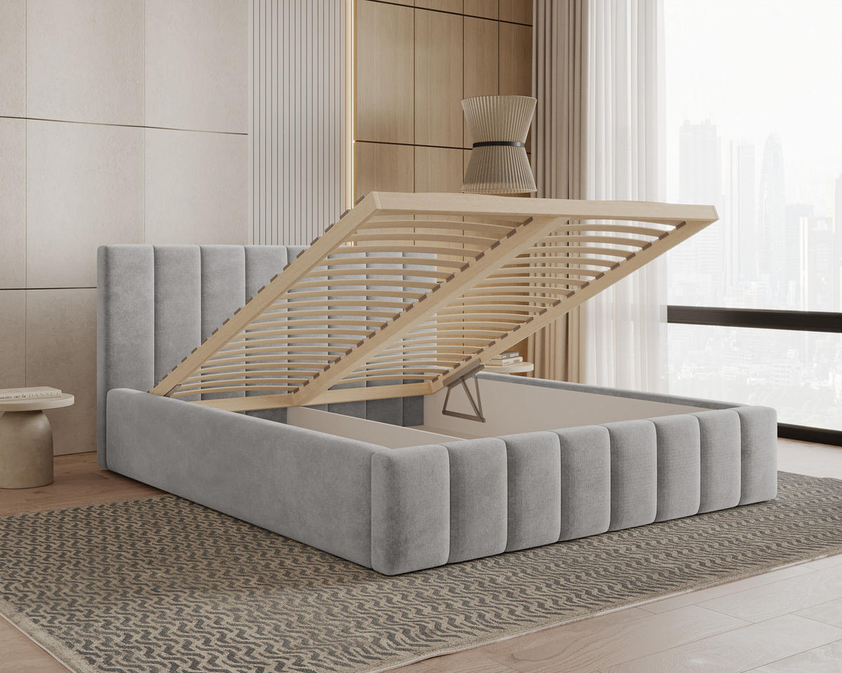 POLSTERBETT 01 160 x 200 cm – Flow – Bett mit Federmechanismus und Stauraum - Hellgrau, Holz (160/200cm) - ROYAL24_MARKT