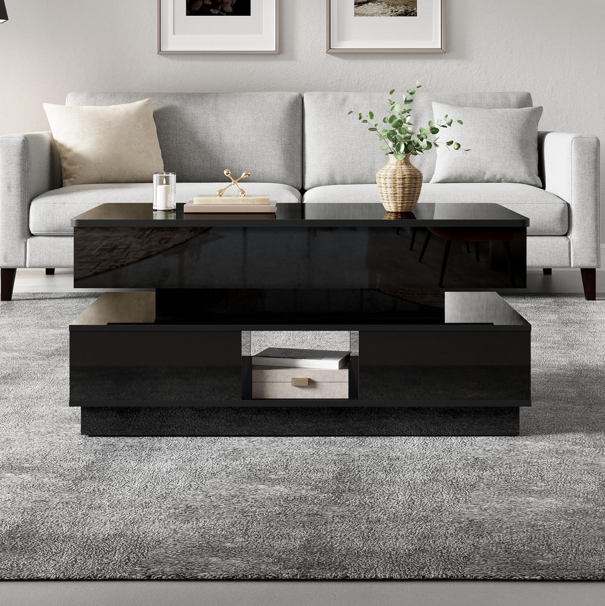 COUCHTISCH höhenverstellbar 90 x 48 cm MDF Schwarz mit Stauraum - Schwarz, Wellpappe (90/48/42.5cm) - Meubliv