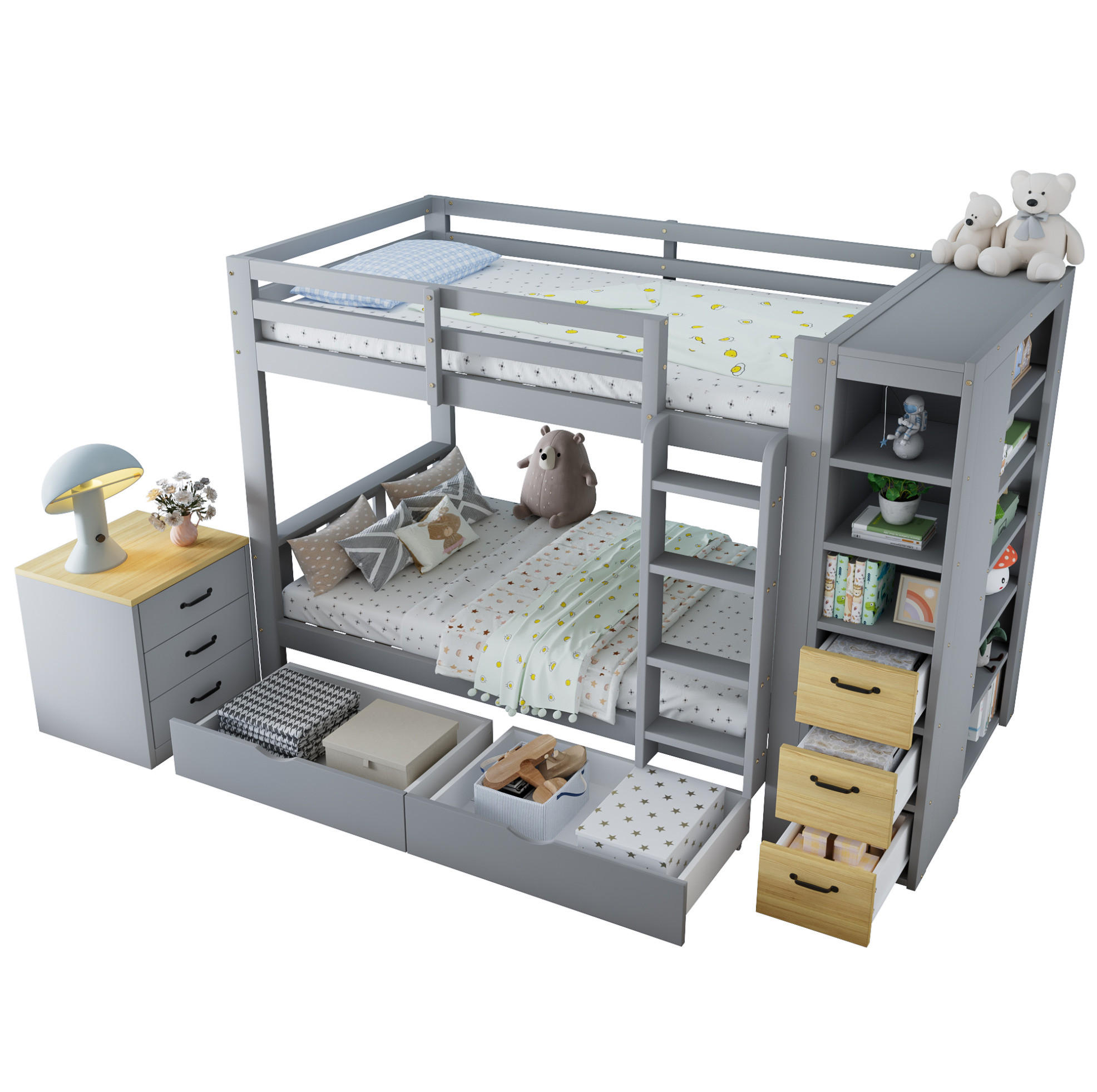 ETAGENBETT 90/200 cm Hellgrau mit Nachtkommode, Regal und Schubladen ohne Matratze - Hellgrau, Holz (90/200cm) - MIVRAY