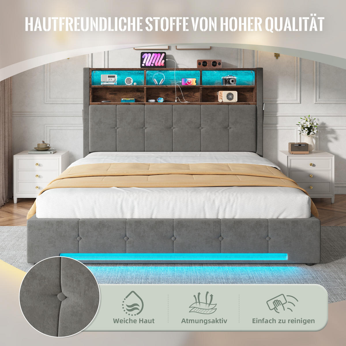 POLSTERBETT 160/200 cm Dunkelgrau mit 6 Fächer, Seitentaschen, USB-C und LED - Dunkelgrau, Textil (160/200cm) - Oxeza