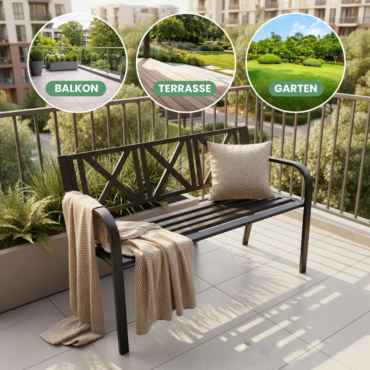 GARTENBANK CROSS Schwarz 119 x 76 x 51 cm - Schwarz, Metall (119/76/51cm) - Akord