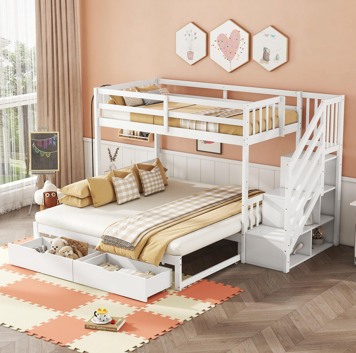 ETAGENBETT 90/200 cm aus Kiefernholz und MDF mit Ausziehbett und 2 Schubladen Weiß - Weiß, Holz (90/200cm) - Modenvie