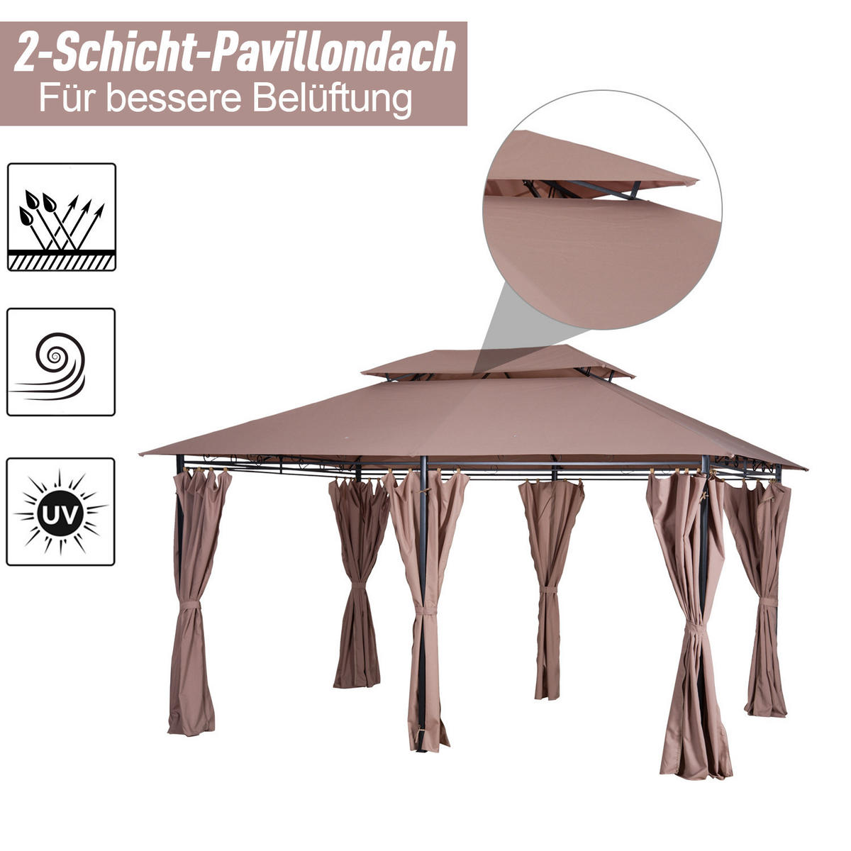 PAVILLON, Khaki, Stahl, Polyester-Gewebe - Braun, Metall (400/280/300cm) - Outsunny