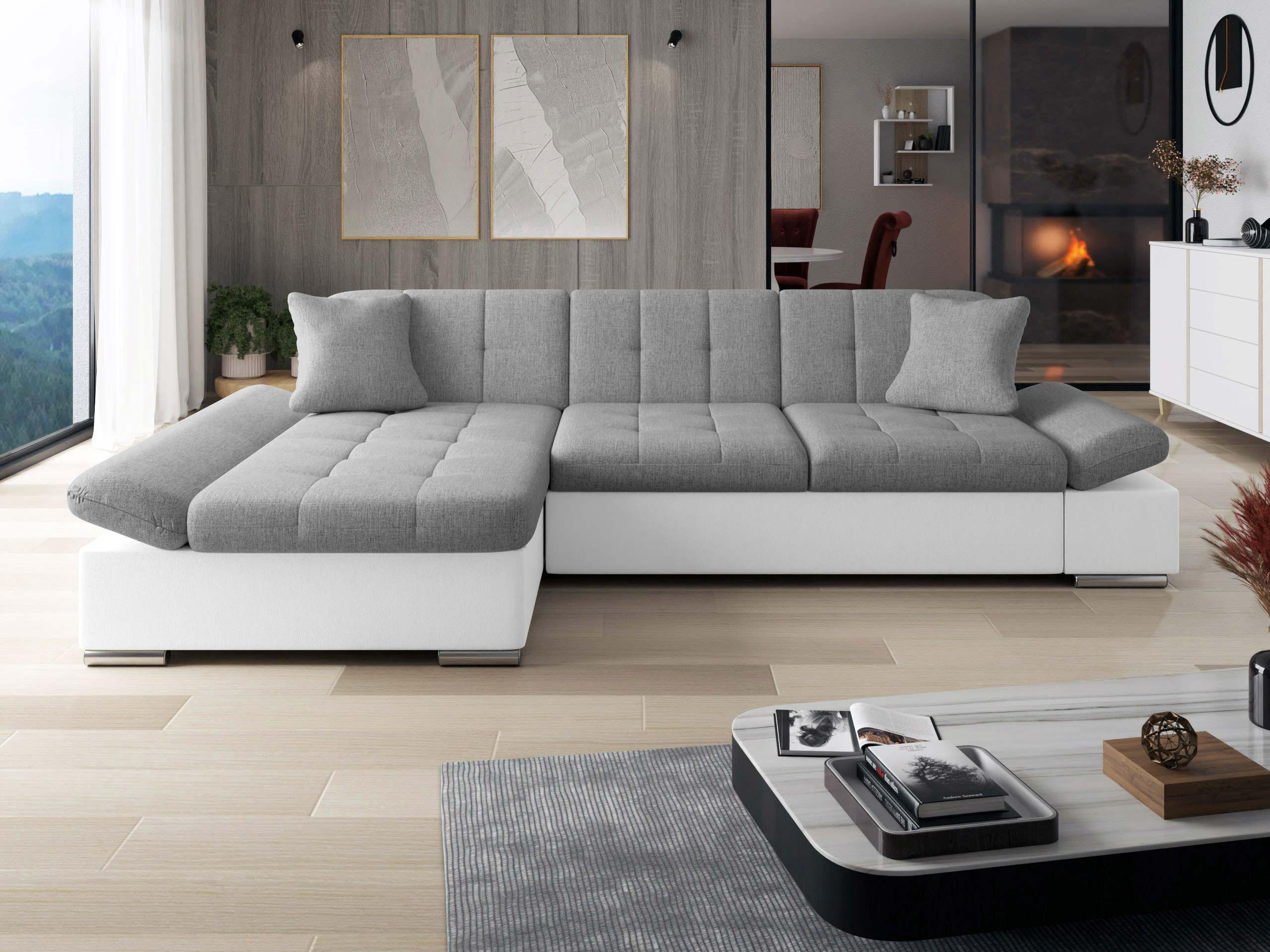 ECKSOFA Malwi, Seite: Links - Weiß/Grau, Holz/Textil (278/161cm) - MIRJAN24