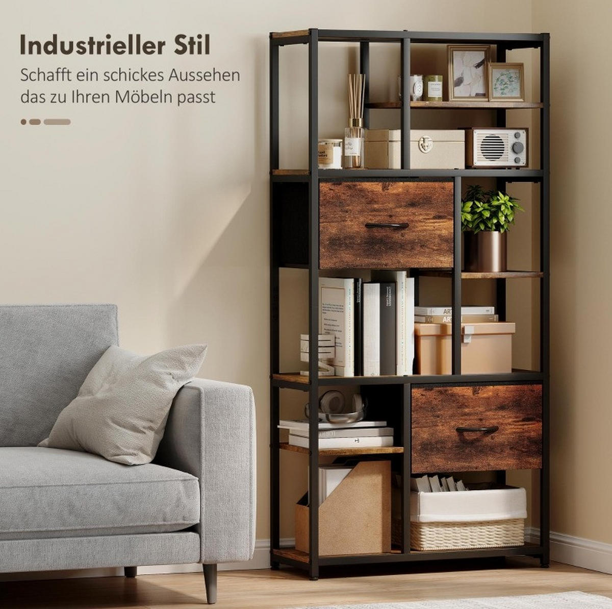 BÜCHERREGAL 72,5/30/150 cm mit 9 offenen Fächern und 2 Stoffschubladen - Braun, Holzwerkstoff (72.5/150/30cm) - BEAOK