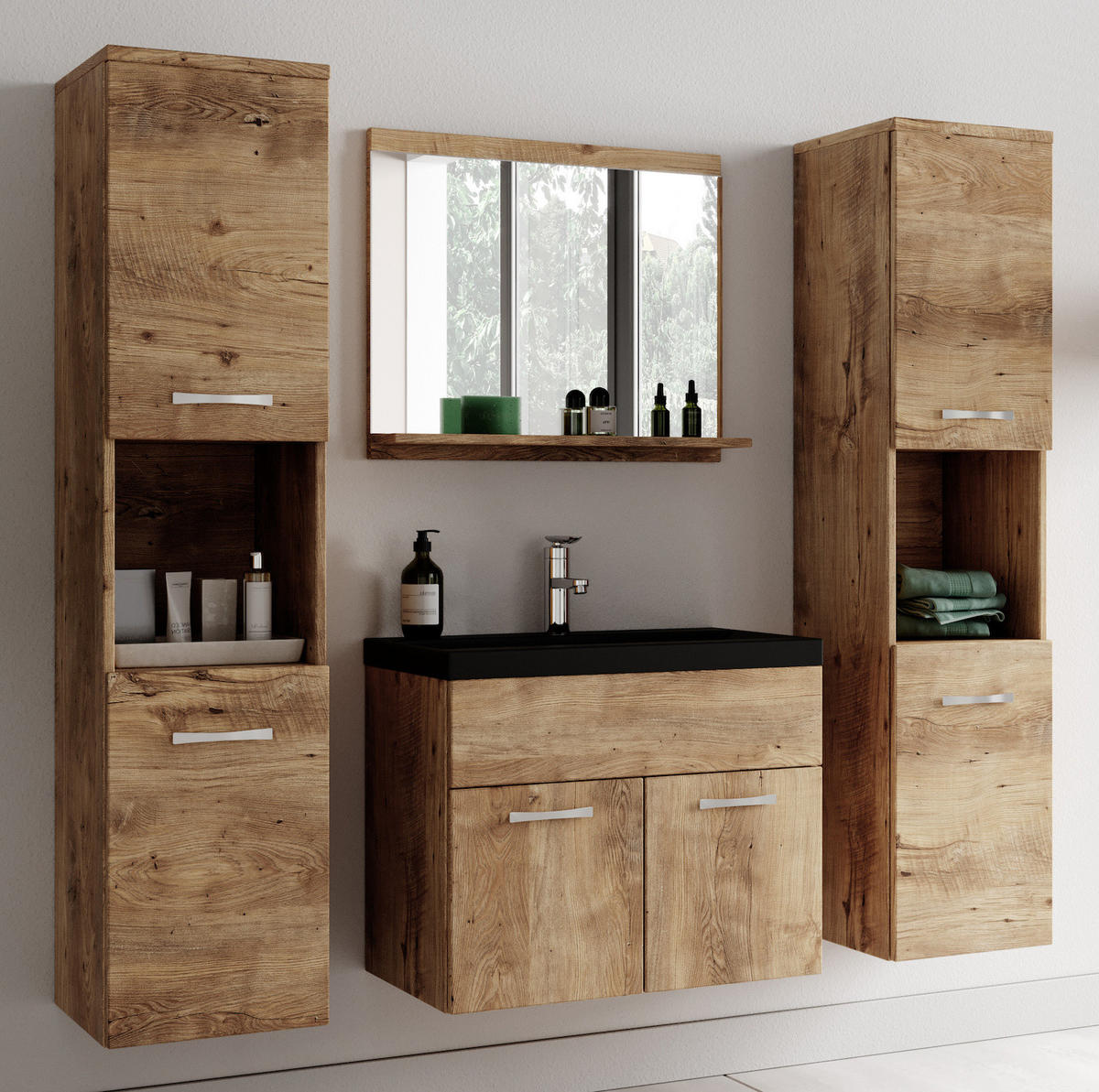 BADMÖBEL-SET Montreal 5 Teile Kastanien Eiche - 60 x 35 x 51 cm - Eichefarben/Schwarz, Holz (60/51/35cm) - Badplaats