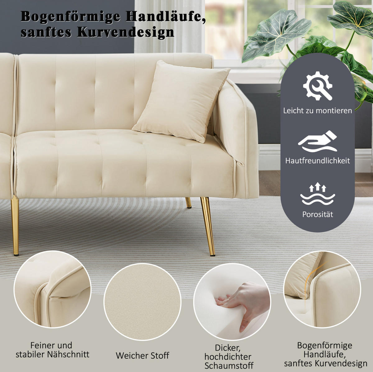 2-SITZER Sofabett Samt mit verstellbarer Rückenlehne und Armlehnen Beige 178/82/70 cm - Beige, Textil (82/70/178cm) - Redom
