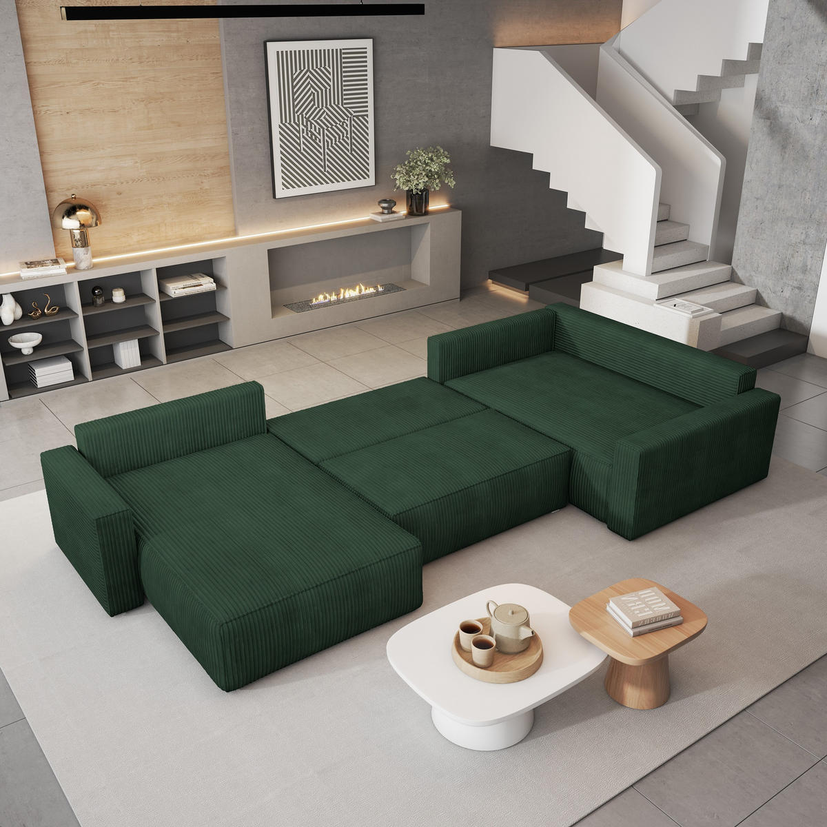 WOHNLANDSCHAFT VELAMI R-S Grün Kordstoff mit Schlaffunktion - Grün, Holz (365/83/194cm) - MASSENO