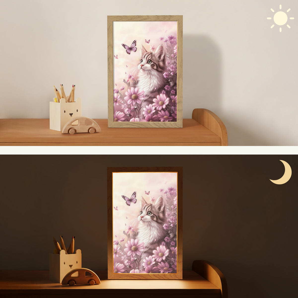 NACHTTISCHLAMPE Kätzchen - Blumen - Schmetterlinge - Lila 20x30 cm - Altrosa, Holzwerkstoff (8/20/30cm)