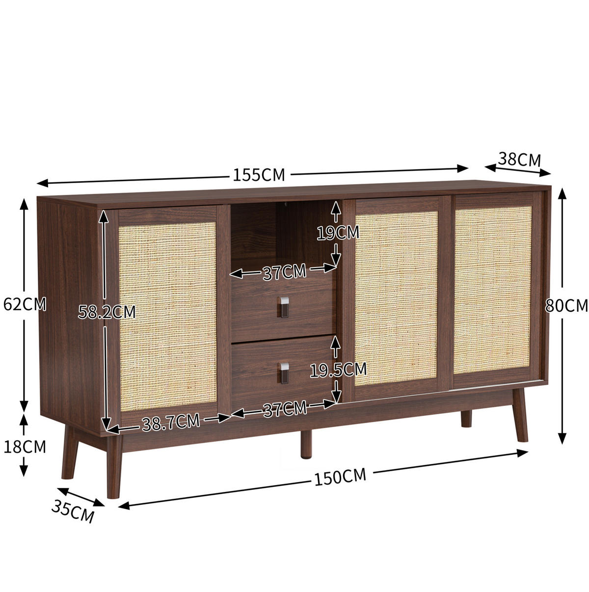 SIDEBOARD mit 3 Schiebetüren und 2 Schubladen 155 x 38 x 80 cm dunkles Holz - Dunkelbraun, Holzwerkstoff (155/80/38cm) - Meubliv
