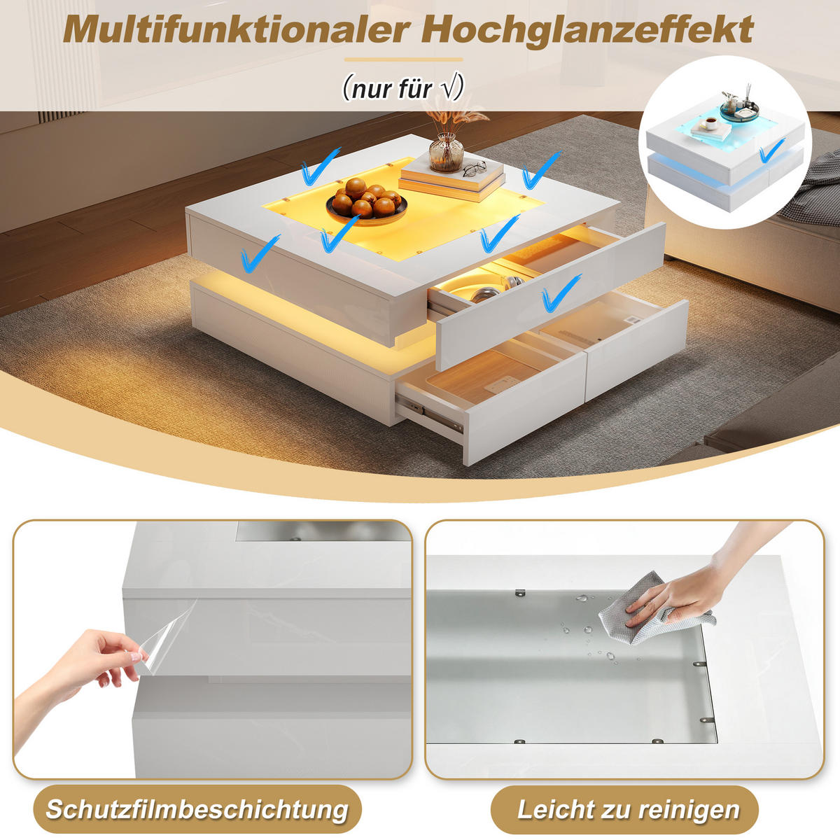 COUCHTISCH DE-37117 quadratisch mit Glasplatte, LED und 3 Schubladen Weiß - Weiß, Holzwerkstoff (70/70/35cm) - ComfortXL