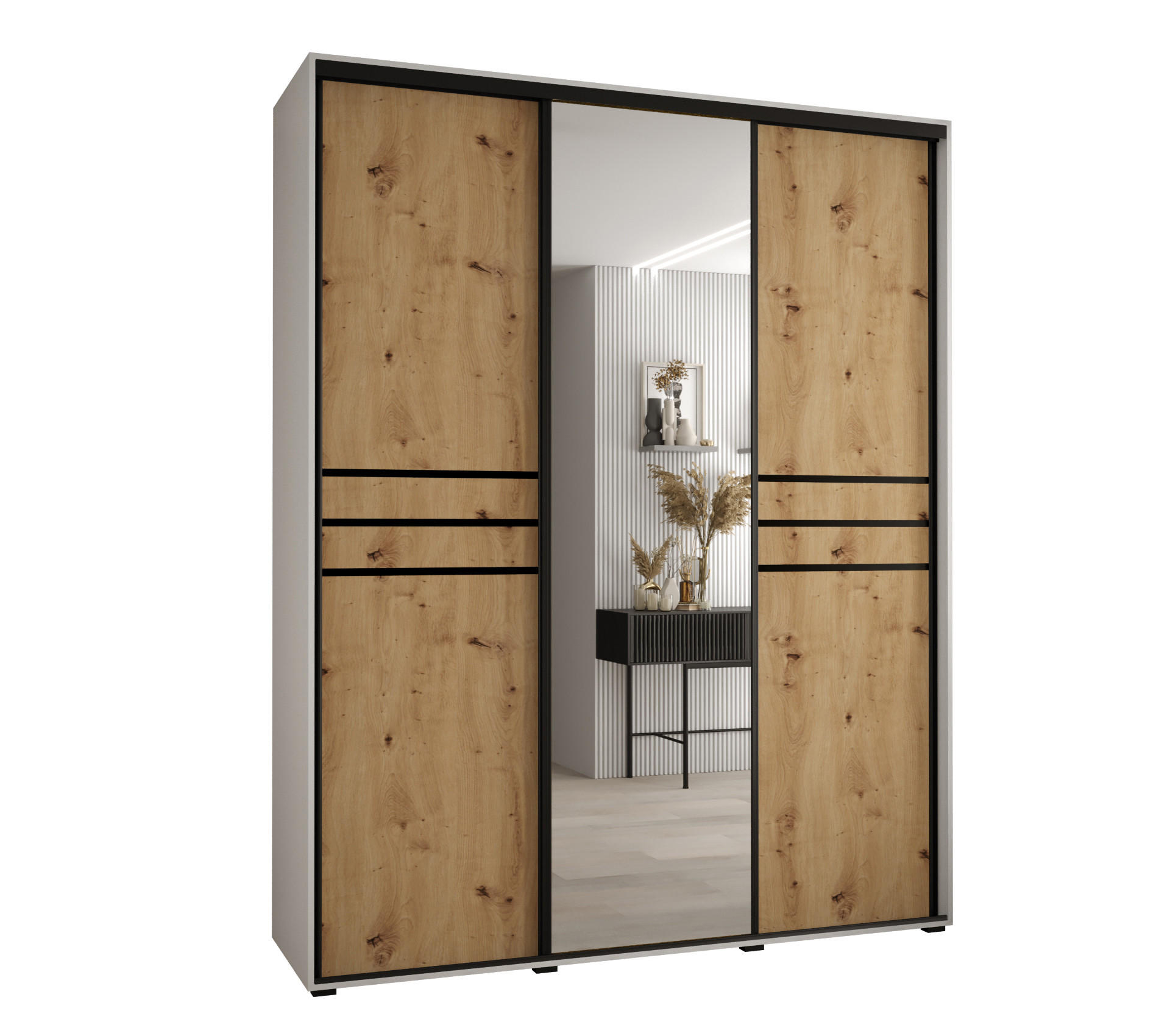 Abiks Möbel Schwebetürenschrank Weiß, Eiche Artisan, Schwarz 200x235x45 cm