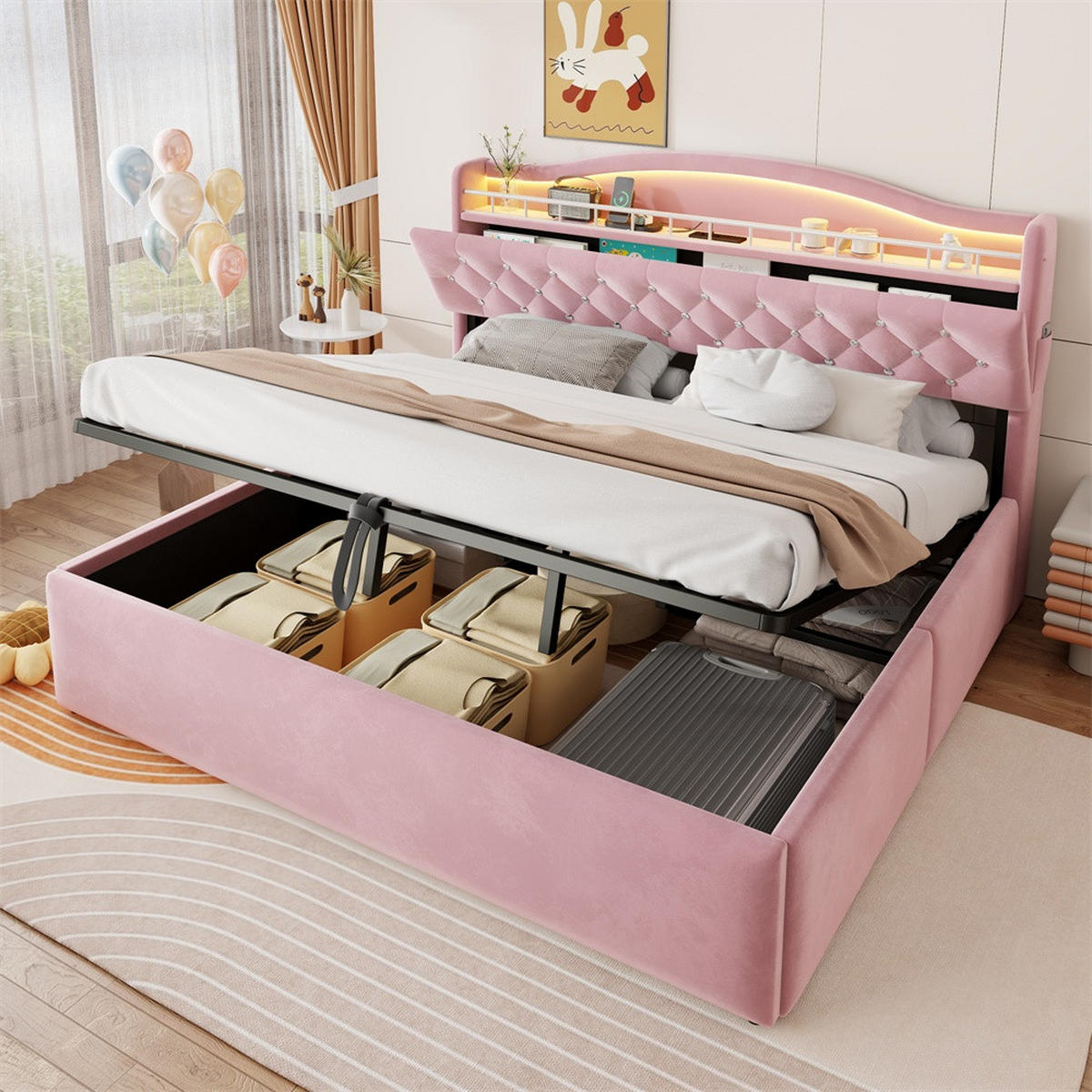 POLSTERBETT 180x200 cm mit hydraulischem Stauraum - LED Beleuchtung & Ladestation - Rosa - Ohne Matratze - Pink, Textil (180/200cm) - DELFA
