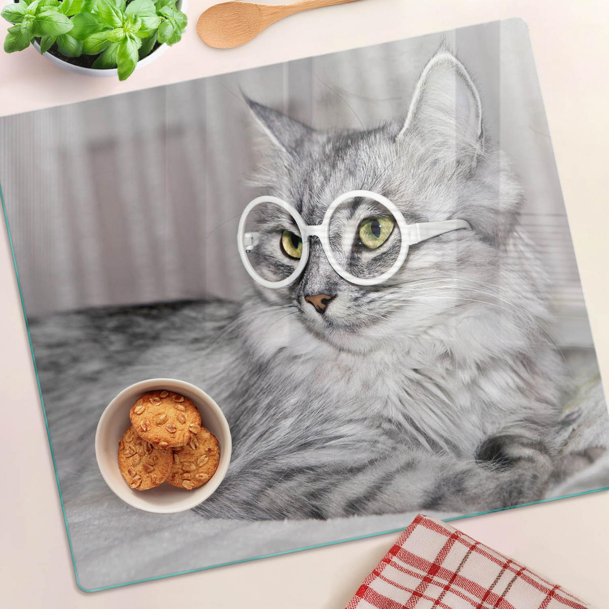 GLASPLATTE 60x52 cm Katze mit Brille - Grau, Glas (60/52cm) - TULUP