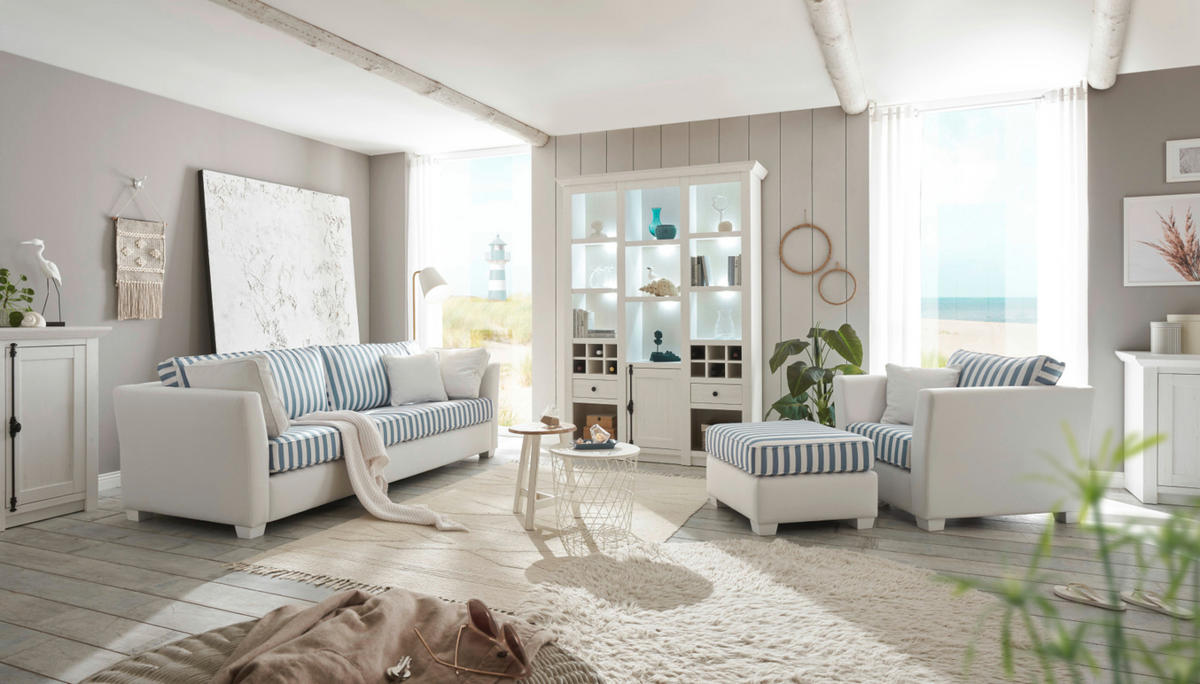 SESSEL creme blau gestreift, Landhaus 95 cm, Loungesessel für das Wohnzimmer inklusive Kissen - Blau/Creme, Holz/Textil (95/88/96cm) - Furn.Design
