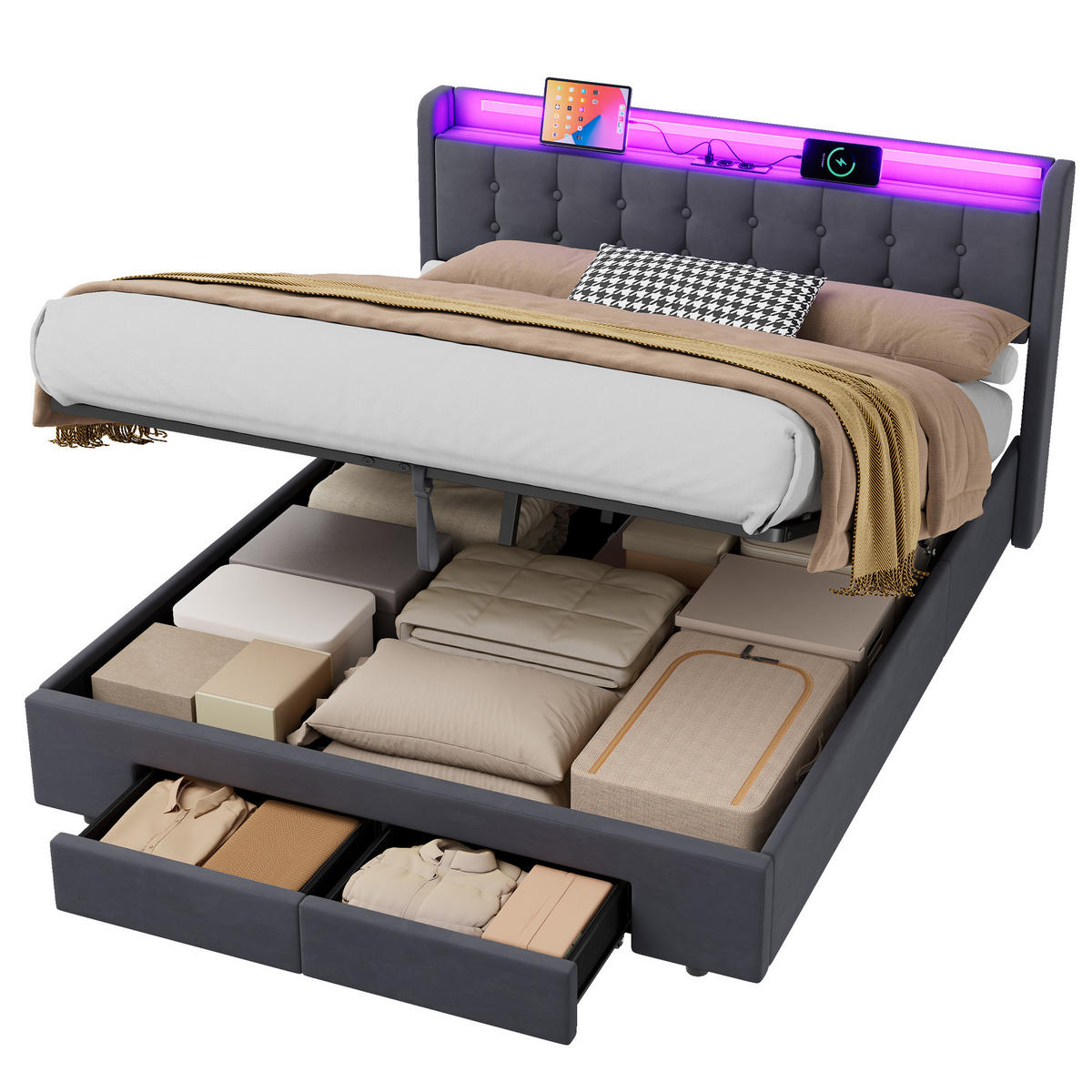 POLSTERBETT 160/200 cm mit LED-Beleuchtung, USB-Anschluss und Stauraum, Grau - Grau, Holzwerkstoff (160/200cm) - Redom