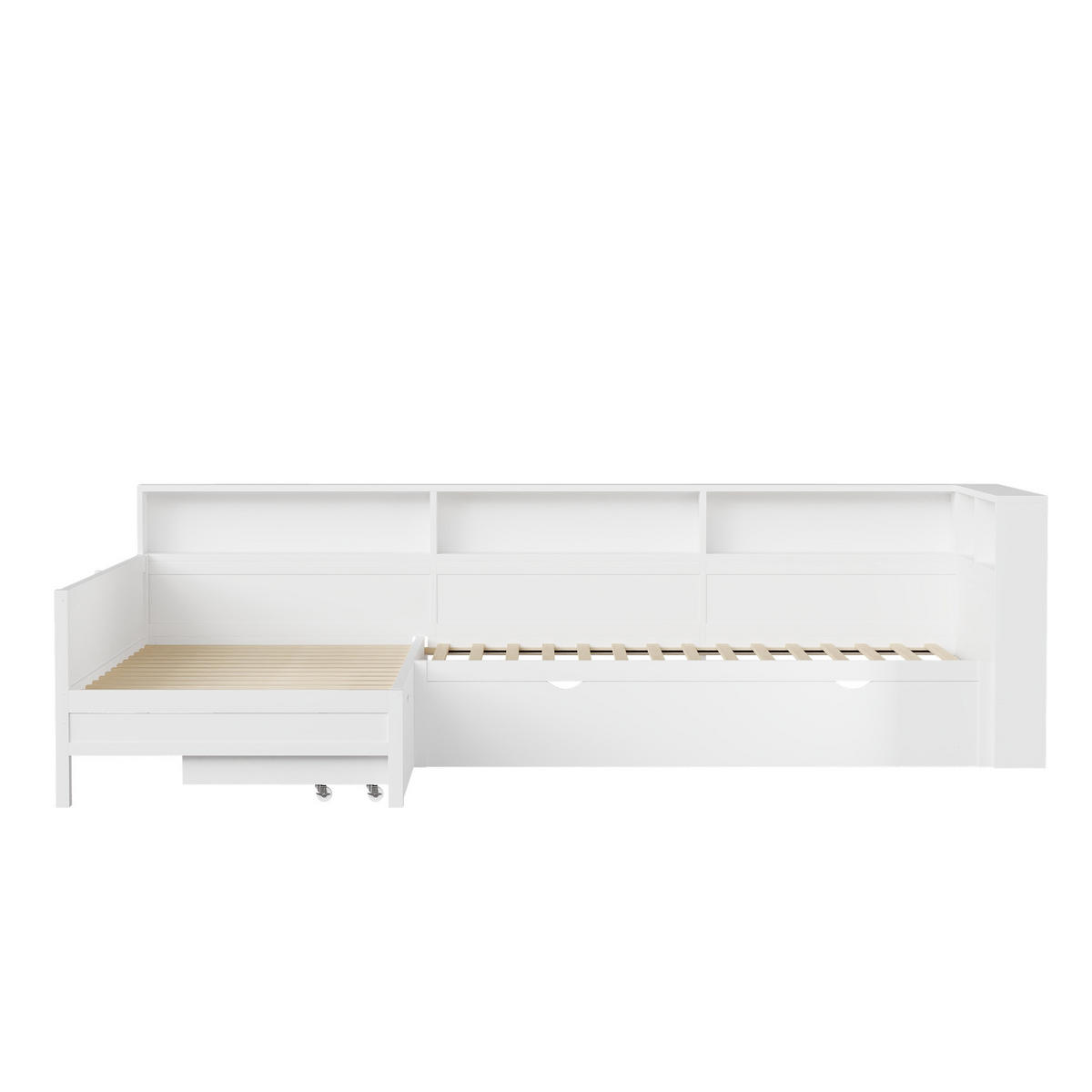 KINDERBETT 90/200 cm DE-03375, mit L-förmig, Ausziehbett, Ablagefächern und LED, in Weiß - Weiß, Holzwerkstoff (90/200cm) - ComfortXL