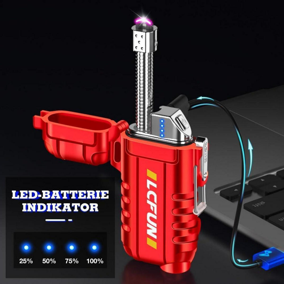 FEUERZEUG mit flexiblem Hals und LED-Taschenlampe Rot - Rot, Metall (4.5/1.8/8cm)