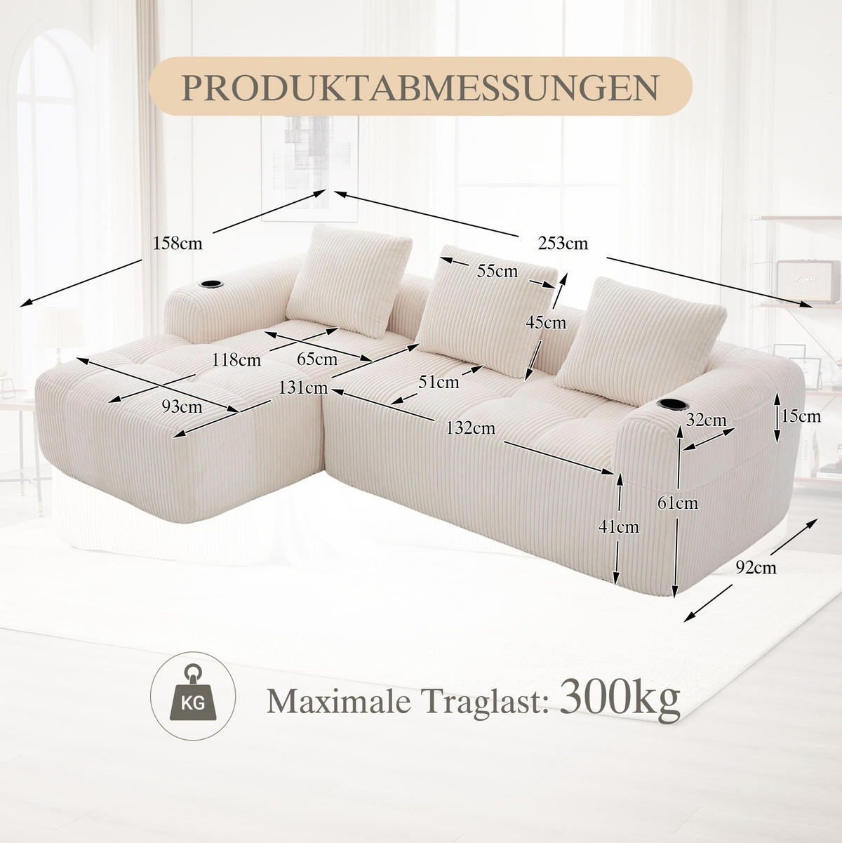 ECKSOFA aus Cord 253x158x61 cm in Beige mit Seitenfächern & Becherhaltern - Beige, Textil (158/253cm) - Modfu