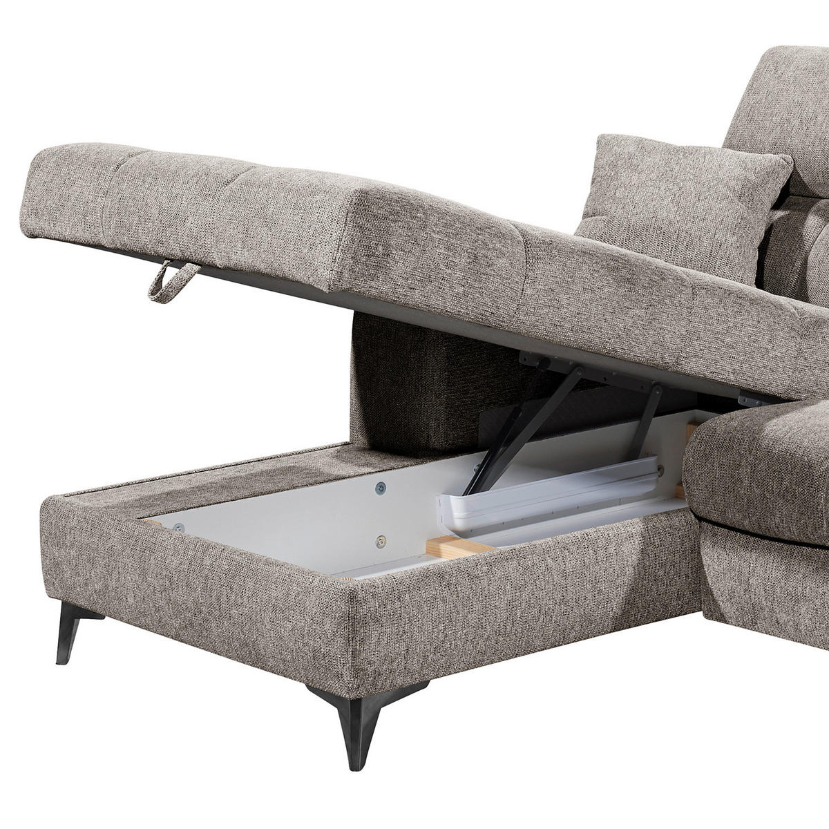 ECKSOFA mit Longchair - Kopfstütze verstellbar, Schlaffunktion, Bettkasten - Taupe/Schwarz, Kunststoff/Textil (268/172cm) - home24