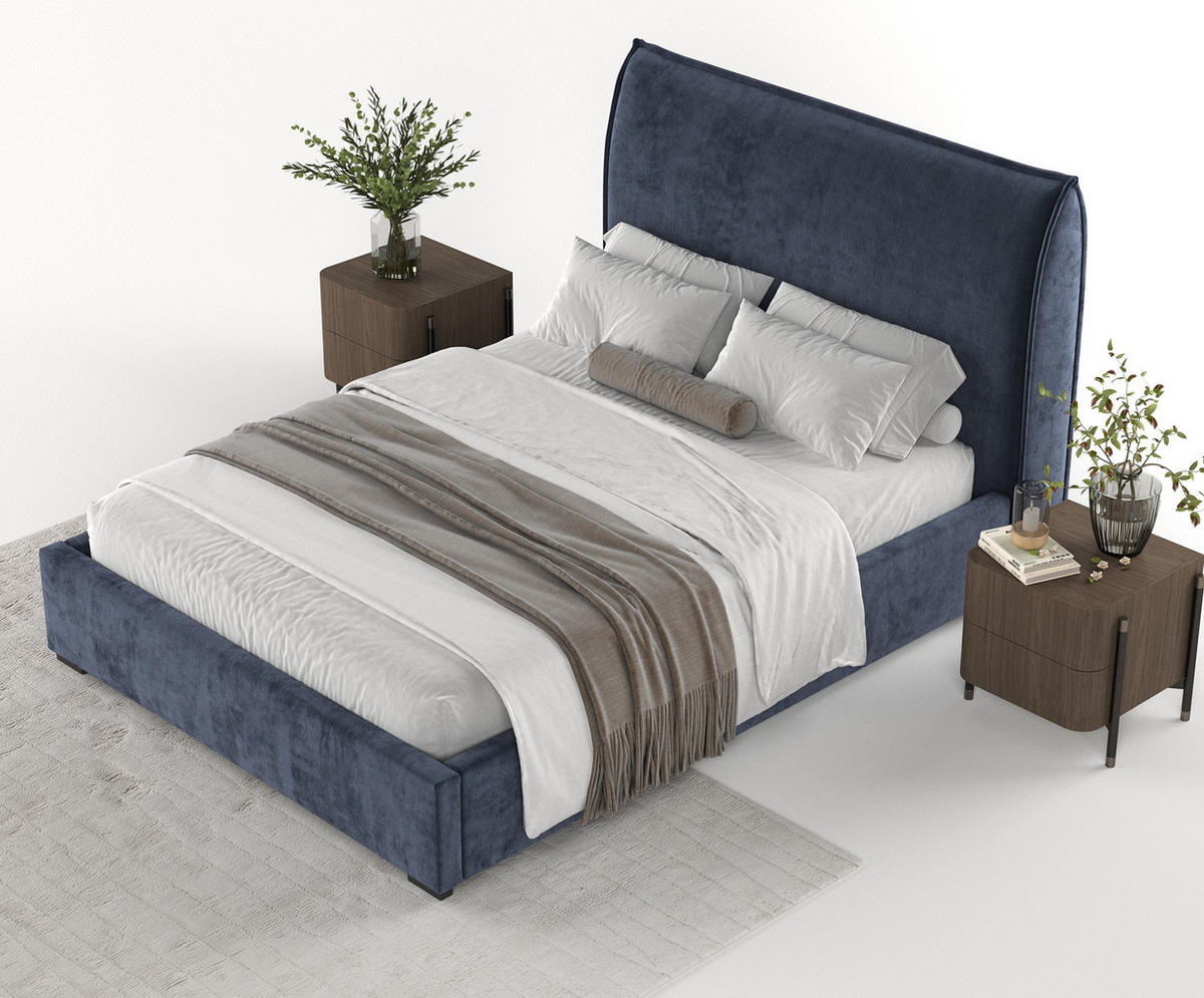 POLSTERBETT Como Marineblau 160/200 cm im Chenille-Stoff - Schwarz/Naturfarben, Holz/Holzwerkstoff (160/200cm) - Maison de Reve