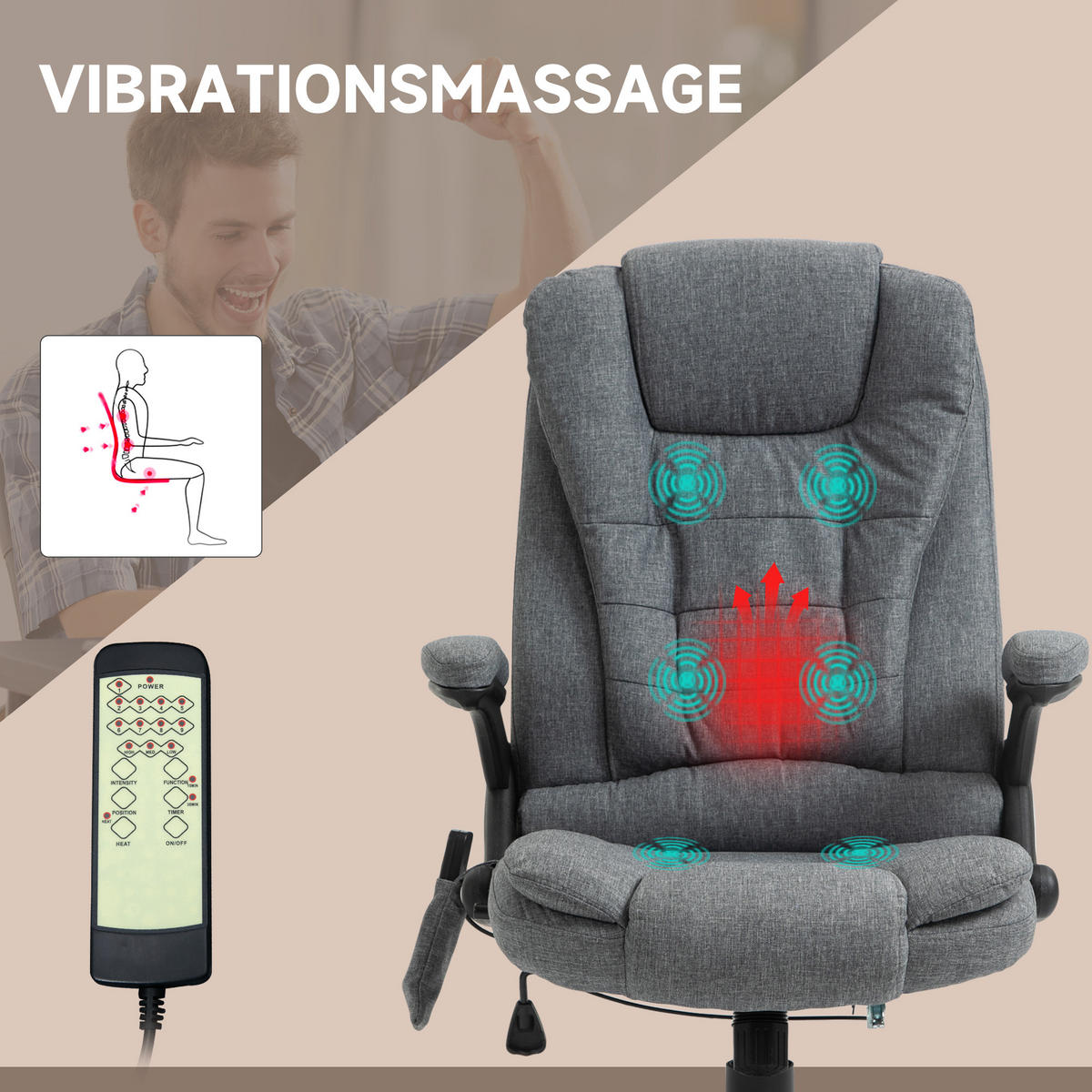 MASSAGESESSEL Chefsessel Gamingstuhl Drehstuhl Massagebürostuhl Grau - Schwarz/Grau, Kunststoff/Textil (74/116/67cm) - Vinsetto