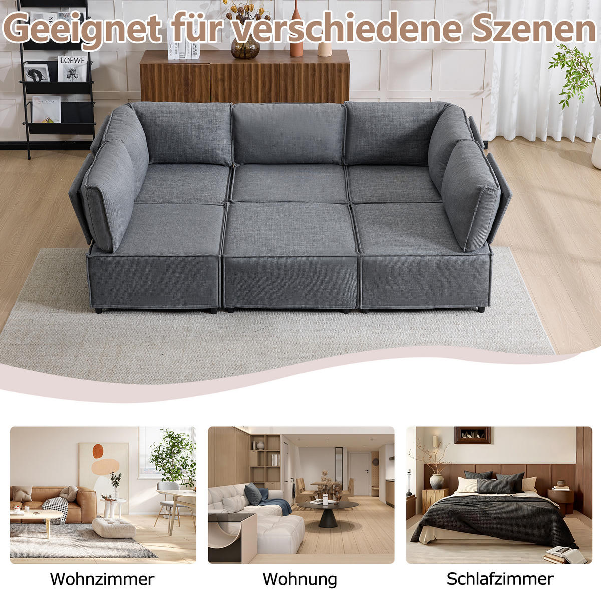 ECKSOFA 308/152/77 cm dunkelgrau aus Stoff und Sperrholz, zum Gästebett umbaubar - Dunkelgrau, Textil (152/308cm) - OKWISH