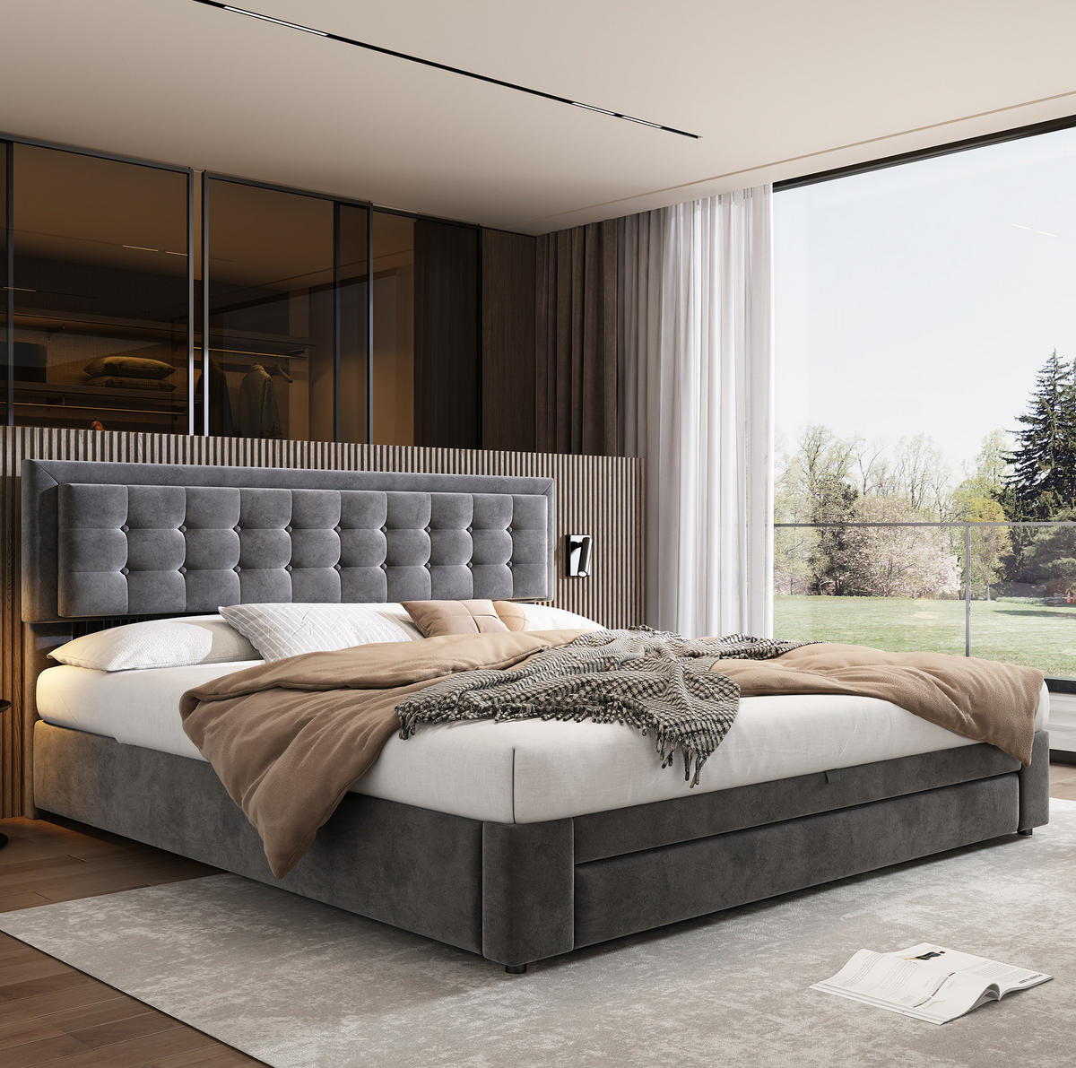POLSTERBETT aus Samt 160x200 cm Grau mit Stauraum, höhenverstellbarem Kopfteil und Schubladen - Grau, Textil (160/200cm) - IVMEU
