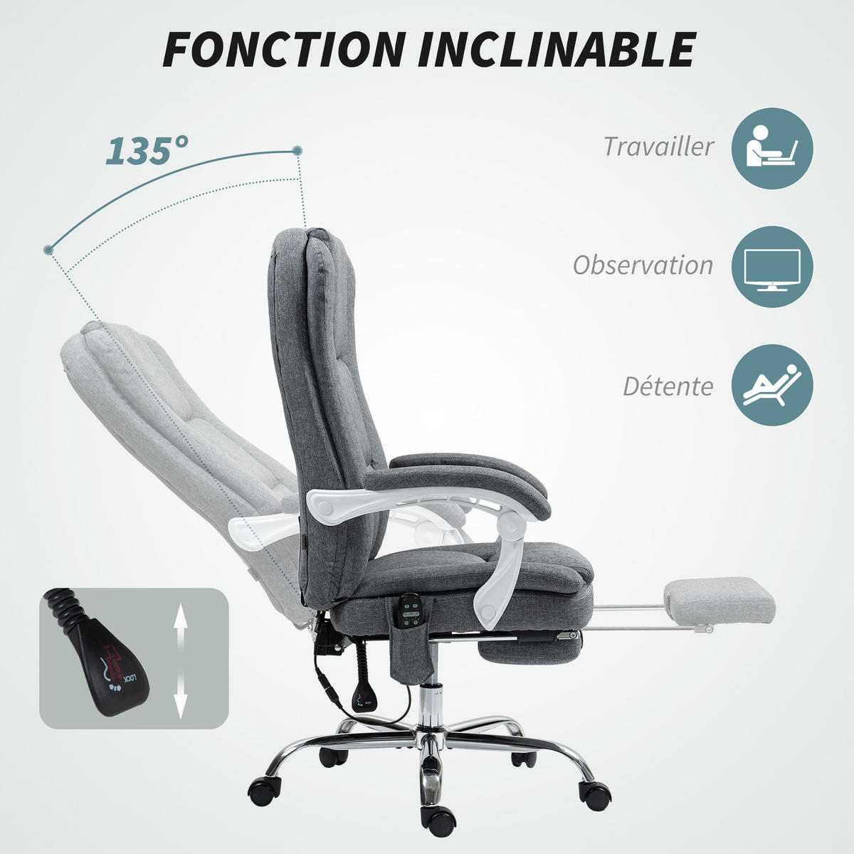 DREHSTUHL DE-11786 mit massage- & heizfunktion 66/60/113-121 cm Grau - Grau, Textil (60/121/66cm) - ComfortXL