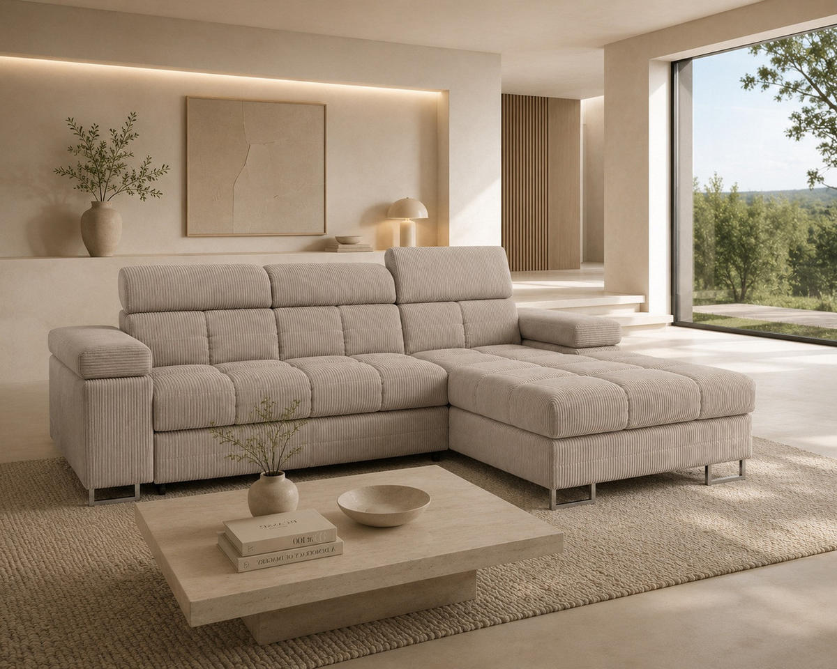 ECKSOFA COMODO Rechts mit Schlaffunktion & Bettkasten Beige - Beige, Textil (271/203cm) - KS Home Concept