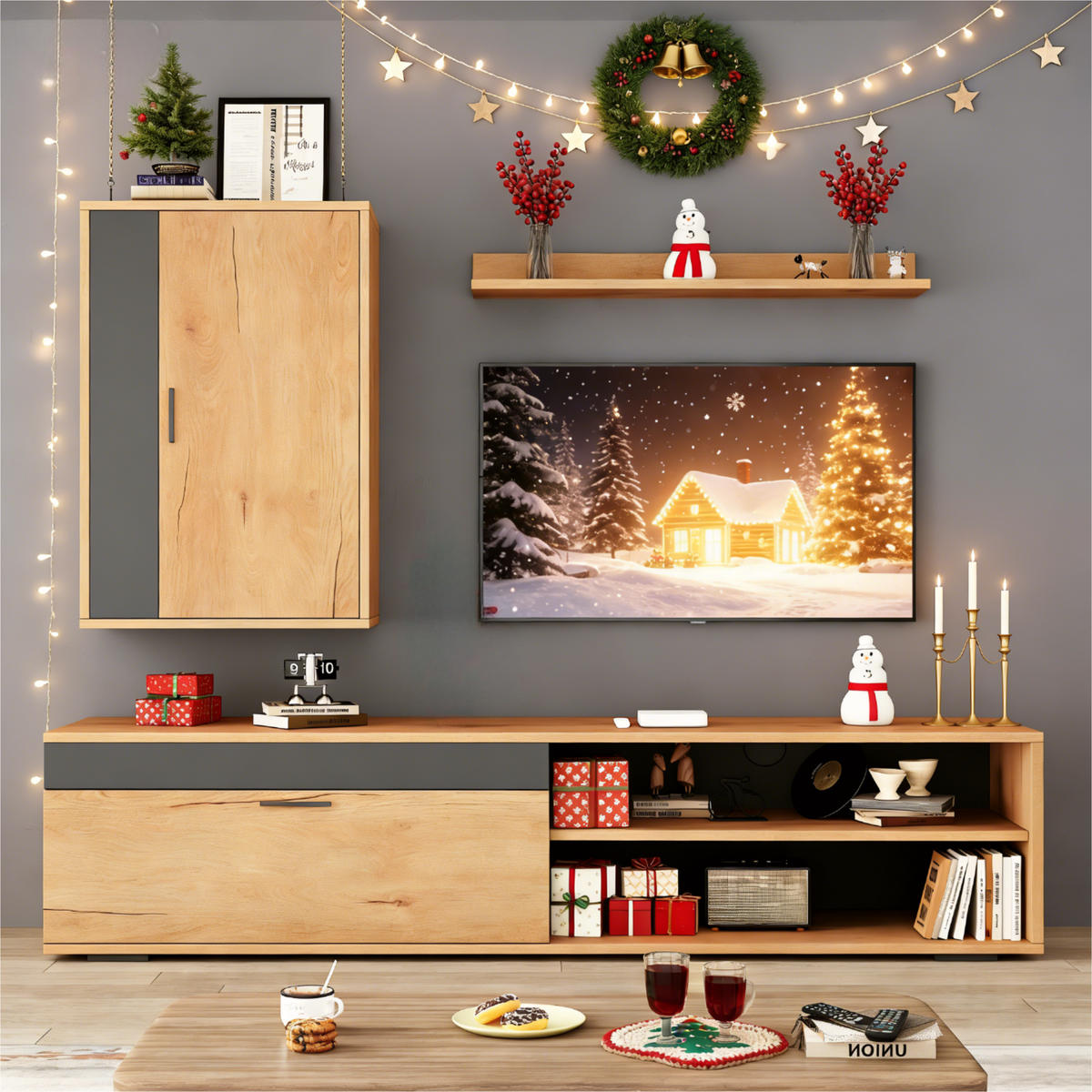 WOHNWAND 3-teilig TV Schrank Holz Schwarz 140cm - Eichefarben, Holzwerkstoff (140/39/35cm) - FLIEKS