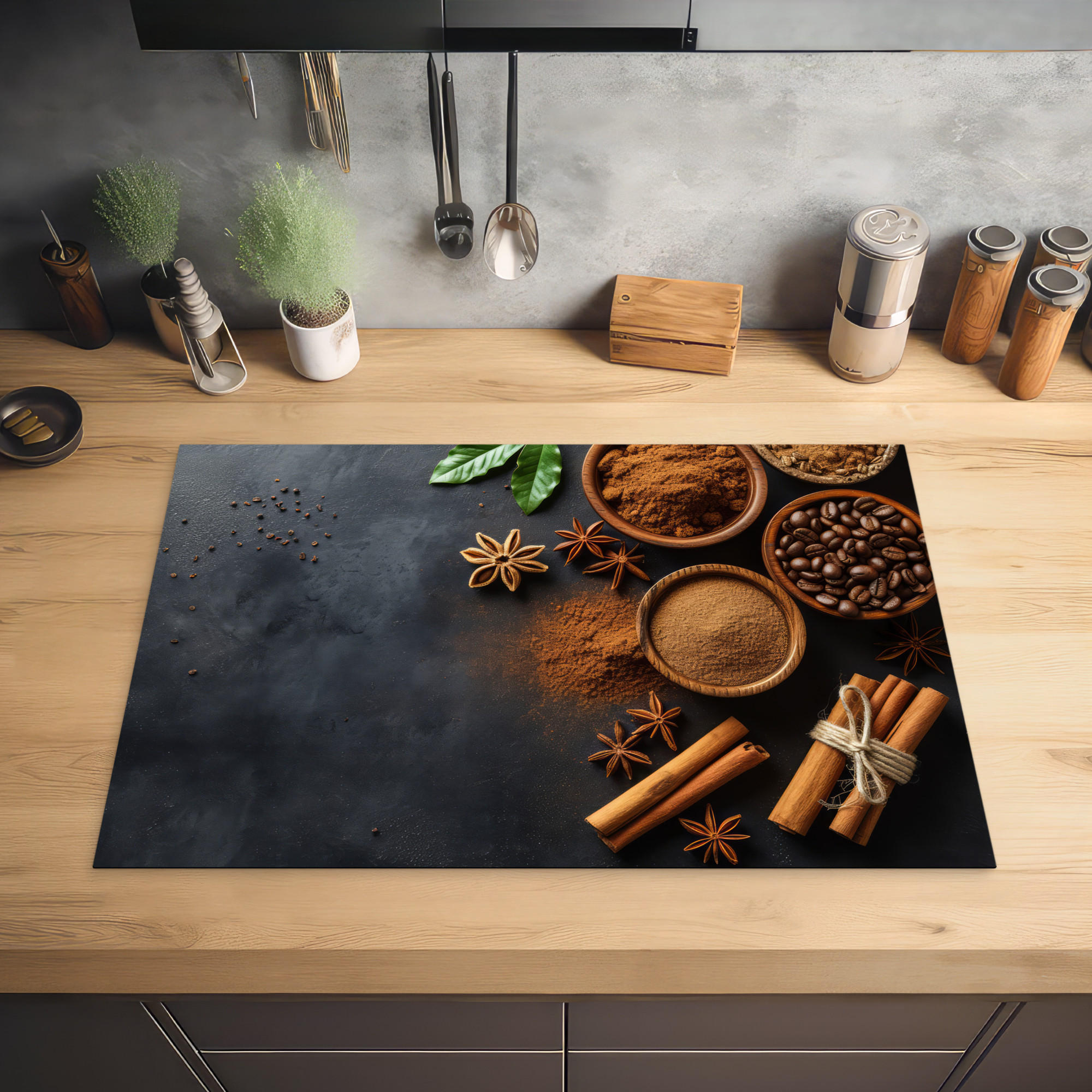 HERDABDECKPLATTE Zimt - Beton - Kaffee - Zimtstangen - Gewürze 77x51 cm - Mokka, Kunststoff (77/0.2/51cm) - MuchoWow