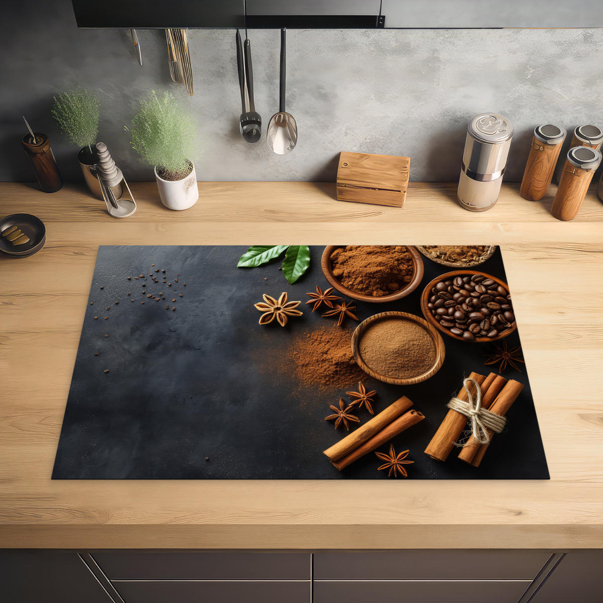 HERDABDECKPLATTE Zimt - Beton - Kaffee - Zimtstangen - Gewürze 77x51 cm - Mokka, Kunststoff (77/0.2/51cm) - MuchoWow