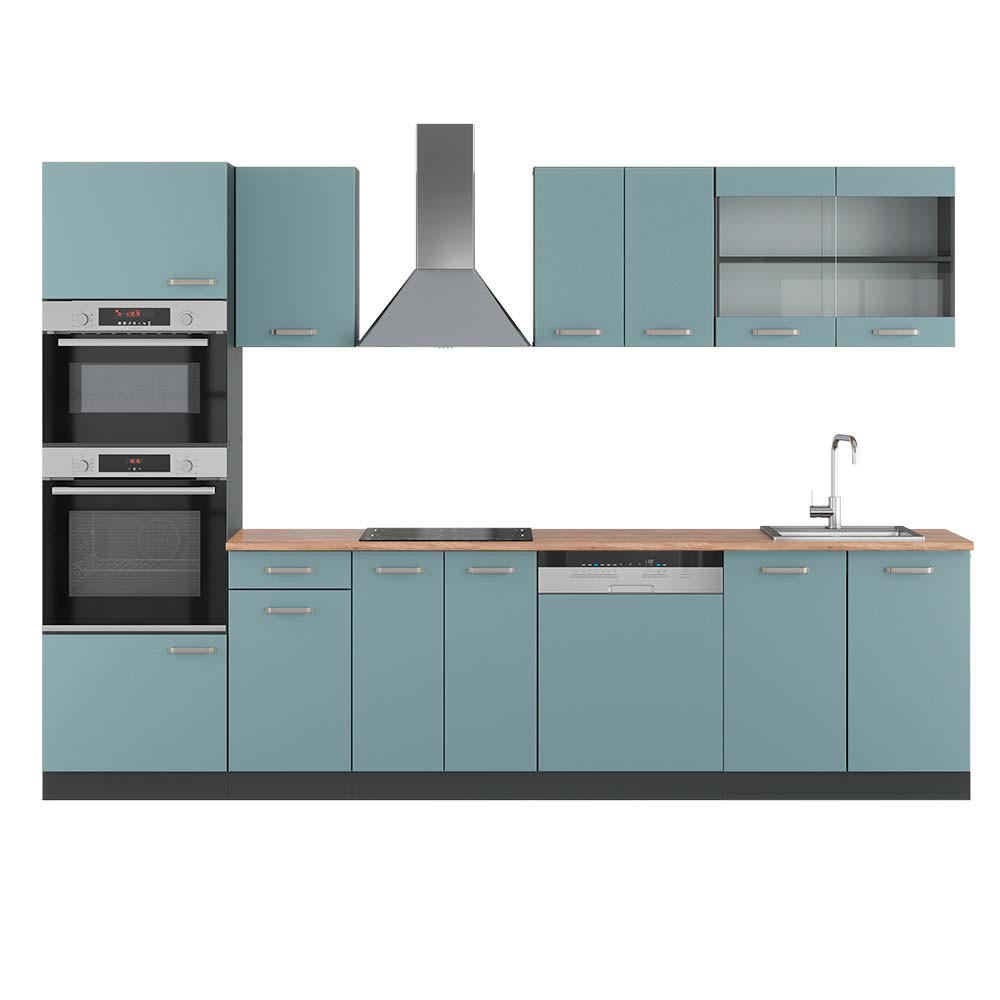 KÜCHENZEILE R-Line Blau-Grau/Anthrazit 300 cm mit Hochschrank AP Eiche - Anthrazit/Blaugrau, Holzwerkstoff (300/81.6/60cm) - Vicco