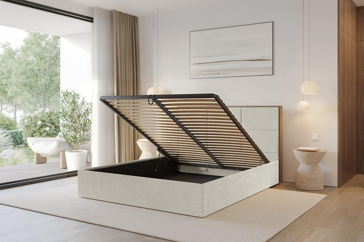 POLSTERBETT mit Bettkasten und Lattenrost, Bett mit Matratze H3/H4 - LILA 140x200 Creme - Creme, Holzwerkstoff/Textil (140/200cm) - ALTDECOR