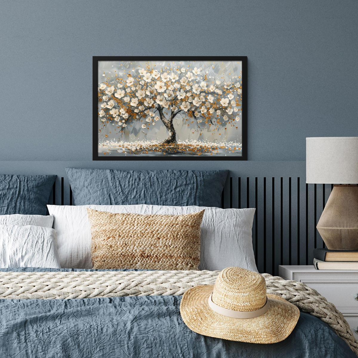 POSTER MIT RAHMEN Baum - Blumen - Weiß - Natur - Kunst 60x40 cm - Weiß, Papier (60/40cm) - MuchoWow
