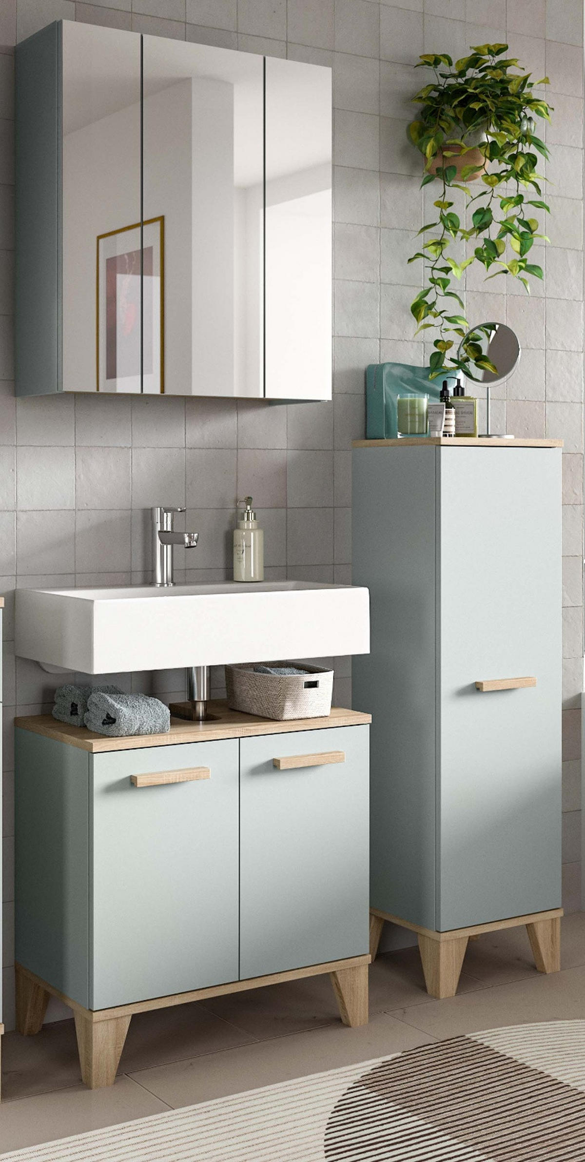 BADMÖBEL-SET 3-teilig grün, Eiche, Badkombination skandinavisch 109 x 190 cm - Eichefarben/Grün, Glas/Holzwerkstoff (109/190/34cm) - Inn.Furn