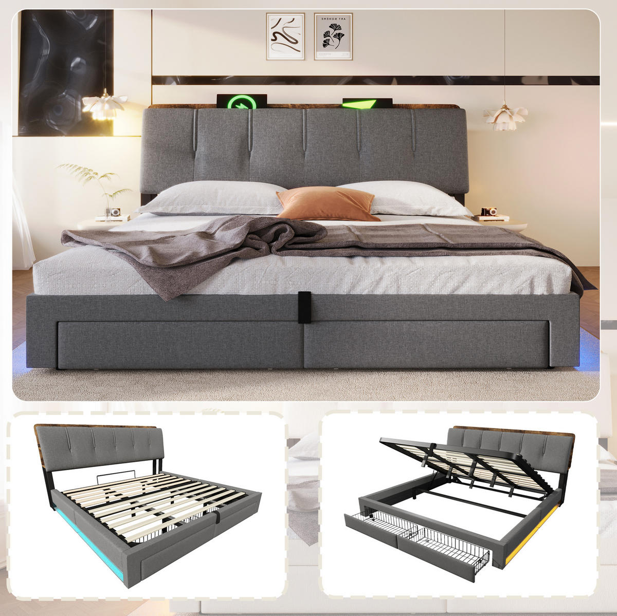POLSTERBETT 180/200 cm Grau aus Leinen mit hydraulischem Bettkasten, USB-/Typ-C-Anschluss, LED-Beleuchtung - Grau, Textil (180/200cm) - OKMYHOME