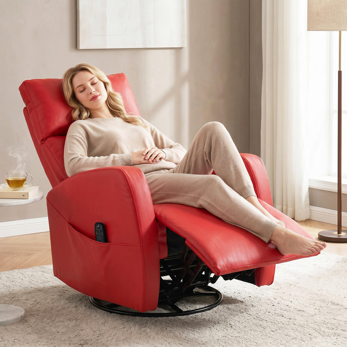 MASSAGESESSEL,LIEGEFUNKTION PU-Leder beheizte Fußstütze Fernbedienung,rot - Rot, Leder (73.5/86/97cm) - Vallsero