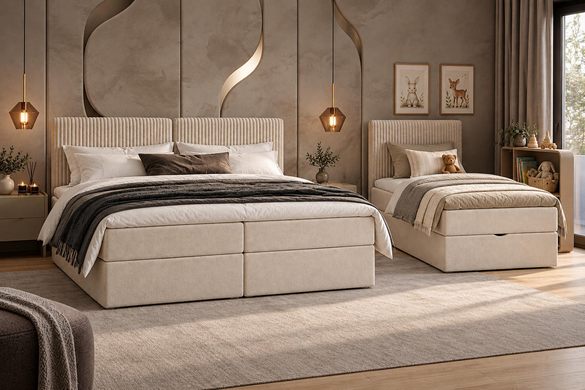 BOXSPRINGBETT Familienbett XXL 270x200 cm mit Bettkasten & Topper – Beige - Beige, Textil (270/200cm) - MebleHot