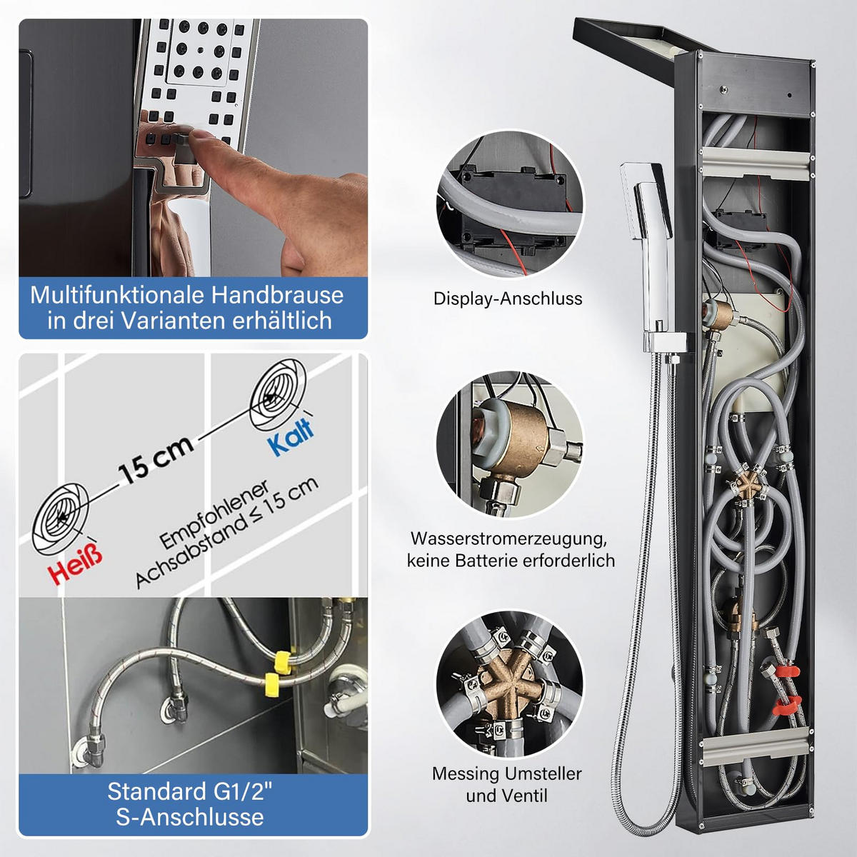 ÜBERKOPFBRAUSESET Edelstahl Hydromassage LED Digitalanzeige Schwarz - Schwarz, Metall (16/121/39cm) - Kaket