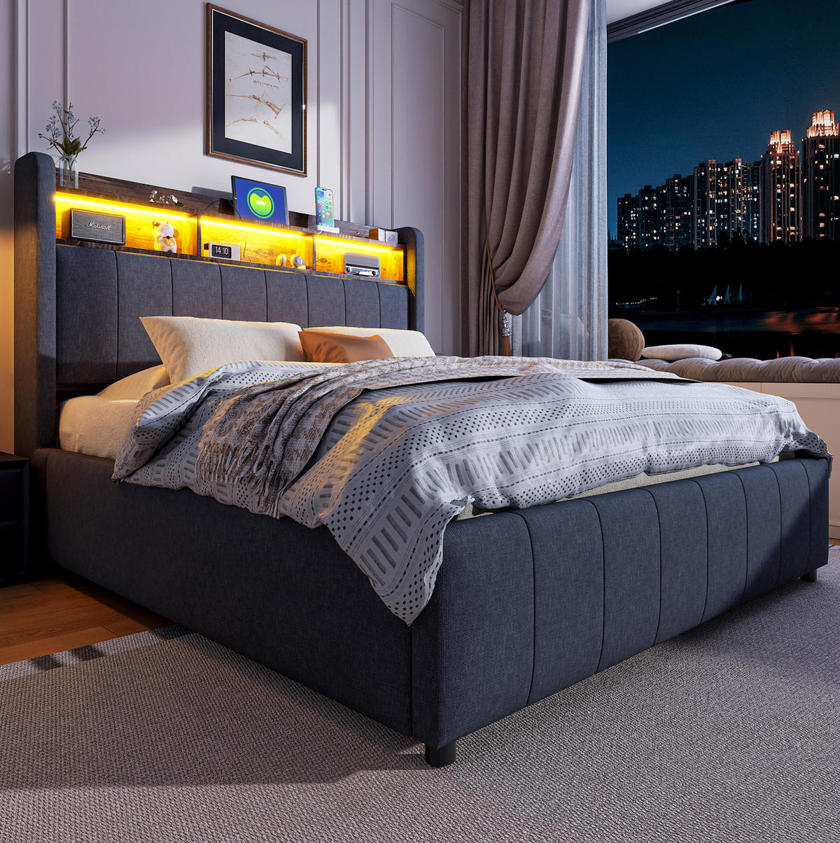 ČALÚNENÁ posteľ z ľanovej látky 140x200 cm sivá s LED osvetlením, USB a úložným priestorom - sivá, textil (140/200cm) - Modfu
